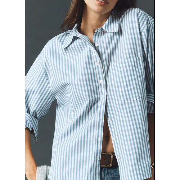 Maeve Anthropologie The Shrunken Bennet Button Down Shirt Striped Hi Low Large - Picture 1 of 5